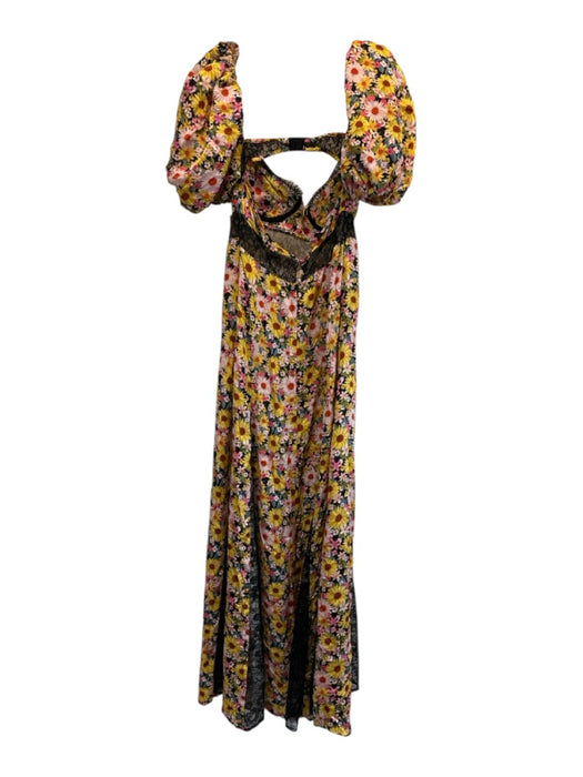 For Love & Lemons Size L Yellow, Pink, Black Ecovero & Viscose Lace Panels Dress Yellow, Pink, Black / L