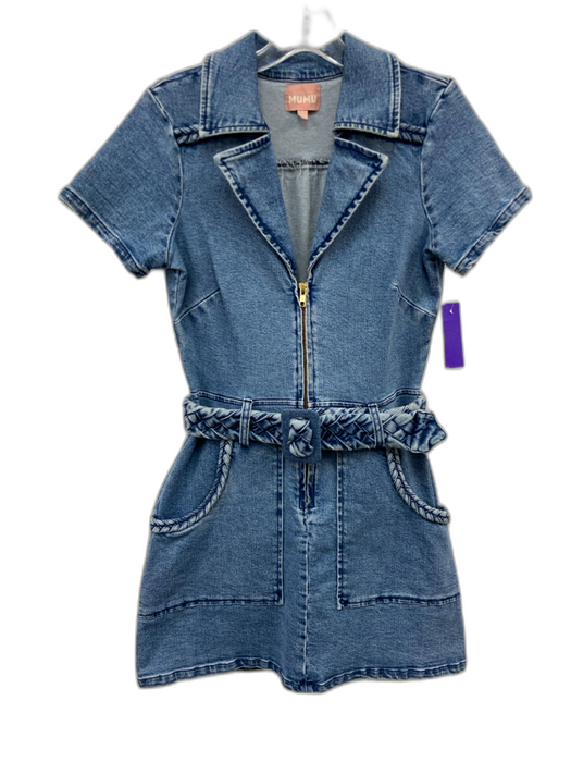 Show Me Your Mumu Size S Medium Wash Cotton Denim Short Sleeve Zip Up Mini Dress Medium Wash / S