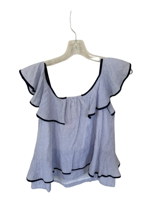 J Crew Size 2 Blue & White Cotton Blend Ruffle Sleeves Tie Neck Striped Top Blue & White / 2