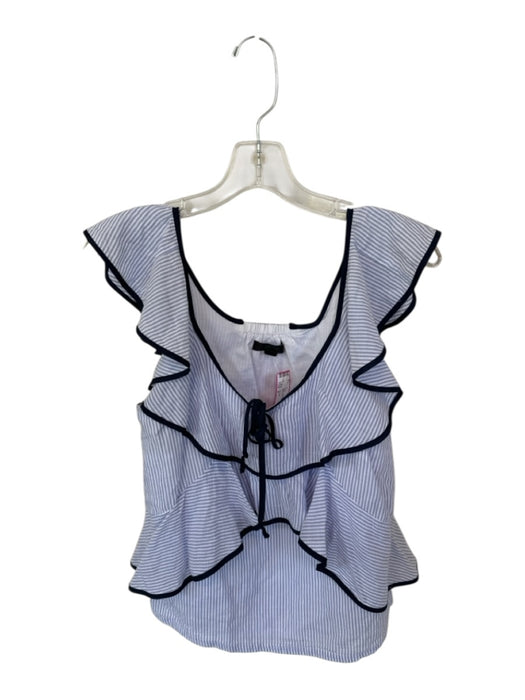 J Crew Size 2 Blue & White Cotton Blend Ruffle Sleeves Tie Neck Striped Top Blue & White / 2
