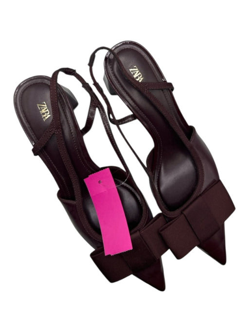 Zara Shoe Size 38 Burgundy Leather Block Heel Pointed Toe Bow sling back Pumps Burgundy / 38