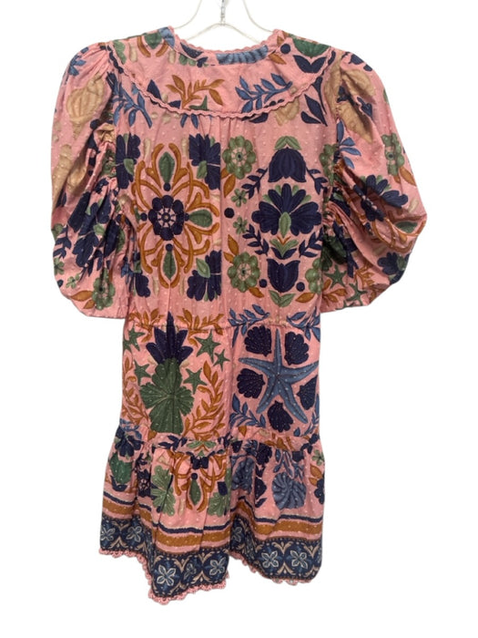 Farm Rio Size S Pink, Navy Blue & Multi Cotton 1/2 Sleeve Botanical Print Dress Pink, Navy Blue & Multi / S