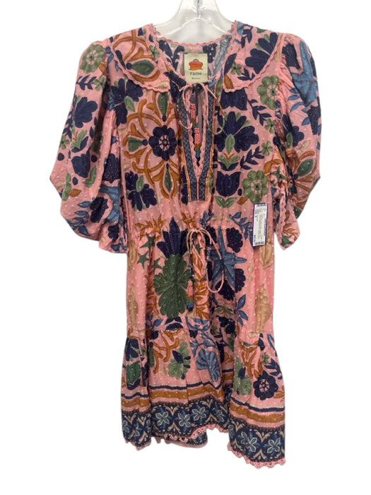 Farm Rio Size S Pink, Navy Blue & Multi Cotton 1/2 Sleeve Botanical Print Dress Pink, Navy Blue & Multi / S
