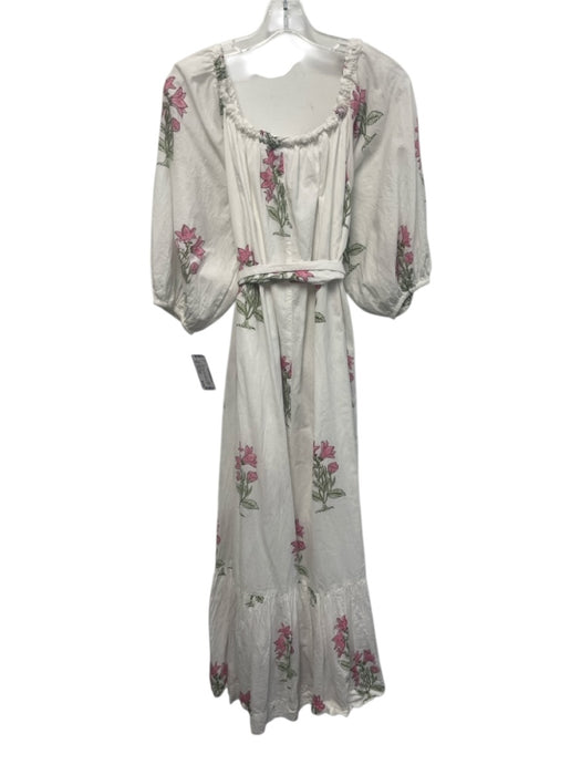 Madison Mathews Size One Size White, Pink & Green Cotton Wide Neck Dress White, Pink & Green / One Size