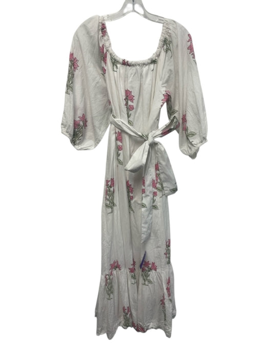 Madison Mathews Size One Size White, Pink & Green Cotton Wide Neck Dress White, Pink & Green / One Size