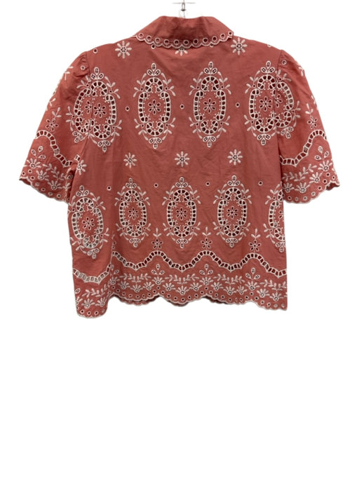 Sezane Size 36 Pink & White Cotton Short Sleeve Floral Eyelet Button Front Top Pink & White / 36