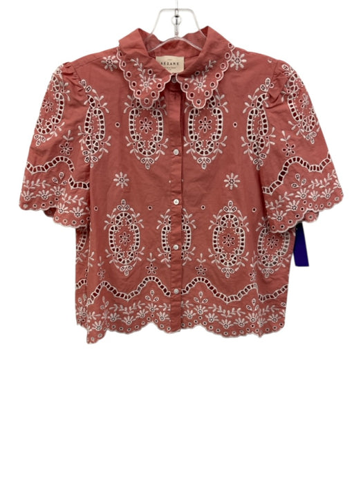 Sezane Size 36 Pink & White Cotton Short Sleeve Floral Eyelet Button Front Top Pink & White / 36