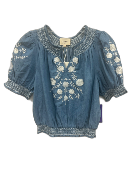 Sezane Size 36 Blue & White Cotton Split Neck Short Sleeve Cinched Top Blue & White / 36