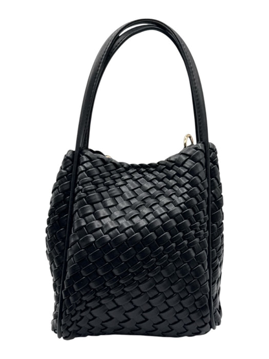 Black No Fabric Tag Leather Feel Woven Magnetic Snap Closure Hand Bag Black
