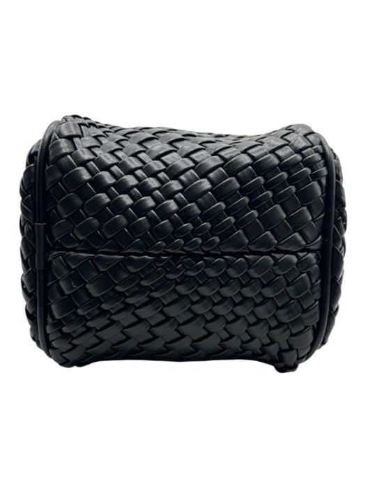 Black No Fabric Tag Leather Feel Woven Magnetic Snap Closure Hand Bag Black