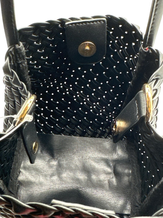 Black No Fabric Tag Leather Feel Woven Magnetic Snap Closure Hand Bag Black