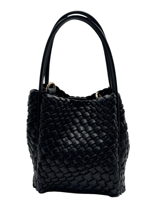 Black No Fabric Tag Leather Feel Woven Magnetic Snap Closure Hand Bag Black