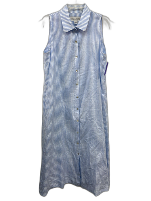 Sarah Campbell Size M Blue & White Linen Stripe Button Up Sleeveless Dress Blue & White / M
