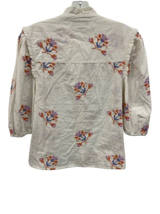 Veroalfie Size 1 White & Multi Cotton 1/2 Balloon Sleeve Cross Stitch Top White & Multi / 1