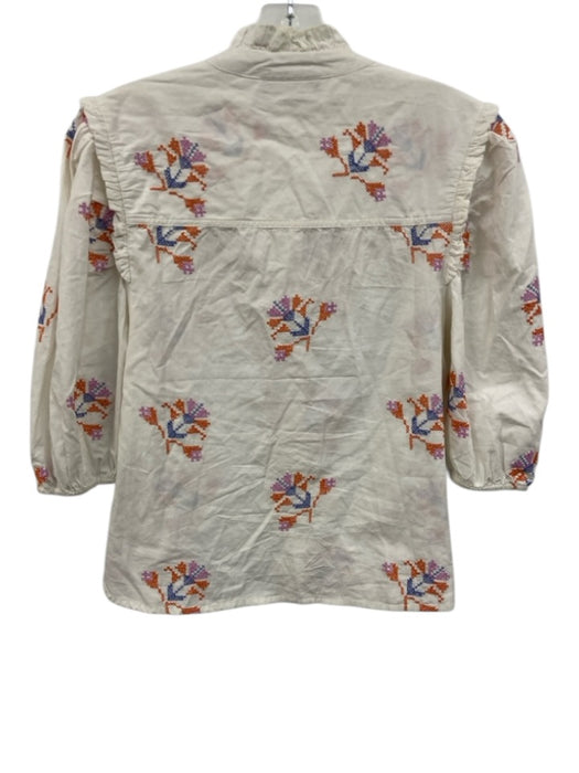 Veroalfie Size 1 White & Multi Cotton 1/2 Balloon Sleeve Cross Stitch Top White & Multi / 1