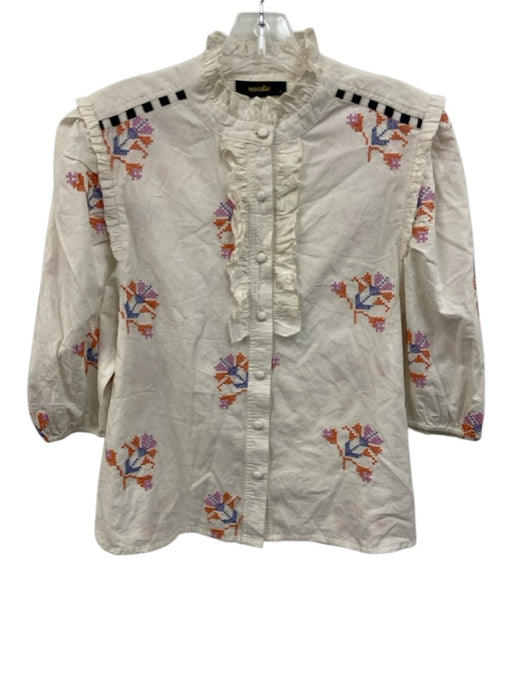 Veroalfie Size 1 White & Multi Cotton 1/2 Balloon Sleeve Cross Stitch Top White & Multi / 1