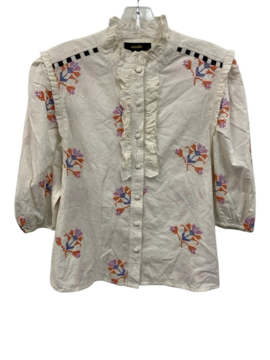 Veroalfie Size 1 White & Multi Cotton 1/2 Balloon Sleeve Cross Stitch Top White & Multi / 1