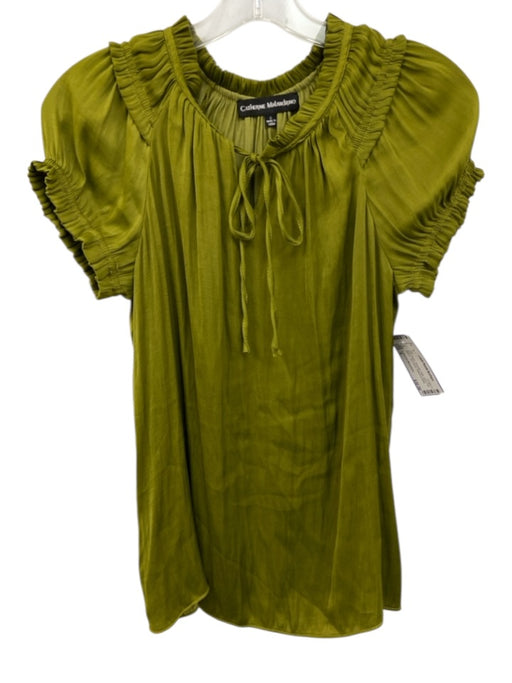 Catherine Malandrino Size S Olive Green Polyester Satin Short Puff Sleeve Top Olive Green / S
