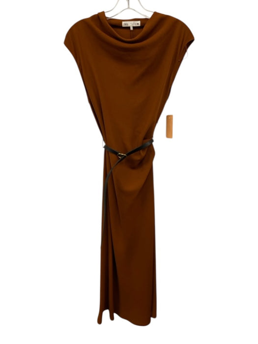 Zara Size Small Rust Brown Polyester Cap Sleeve Mock Neck Midi Dress Rust Brown / Small