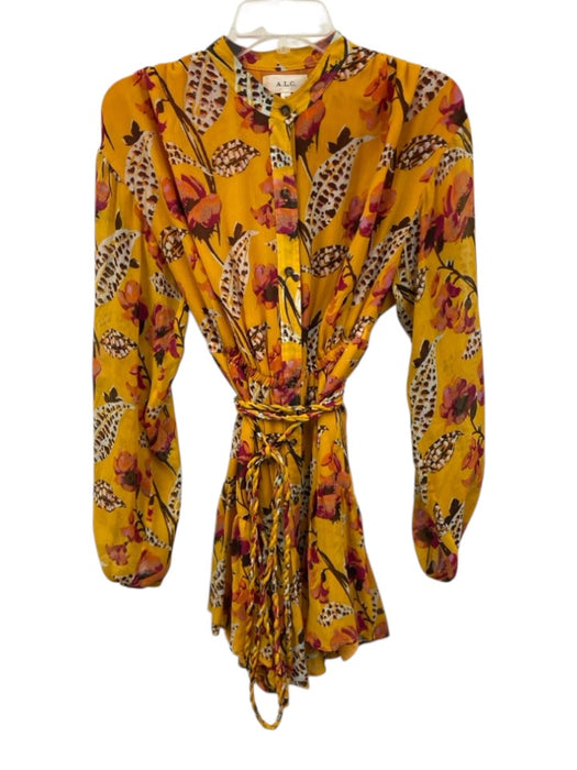 A.L.C. Size 00 Yellow, Pink, Brown Silk Long Sleeve Floral Elastic Waist Dress Yellow, Pink, Brown / 00