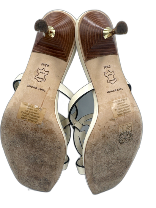 Tory Burch Shoe Size 6.5 Cream White Leather Open Square Toe Logo Mule Sandals Cream White / 6.5