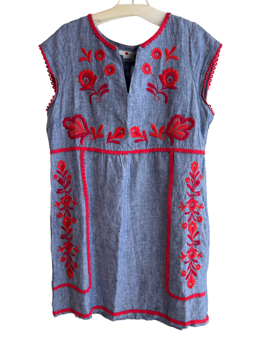 Boden Size 10 Blue & Red Linen V Neck Cap Sleeve Embroidered Knee length Dress Blue & Red / 10