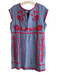 Boden Size 10 Blue & Red Linen V Neck Cap Sleeve Embroidered Knee length Dress Blue & Red / 10
