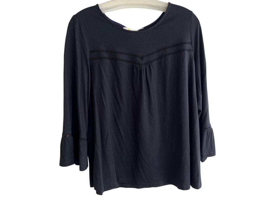 Boden Size 12 Black Modal & Cotton Round Neck 3/4 Bell Sleeve Piping Top Black / 12