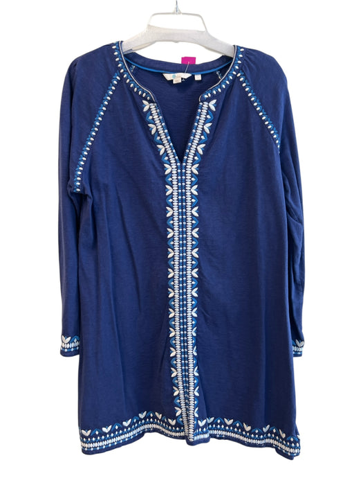 Boden Size L Navy Blue Cotton V Neck Long Sleeve Embroidered Knee length Dress Navy Blue / L