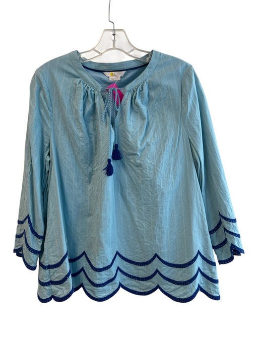 Boden Size 10 Blue Cotton Tie V Neck Long Sleeve Scallop Hem Top Blue / 10