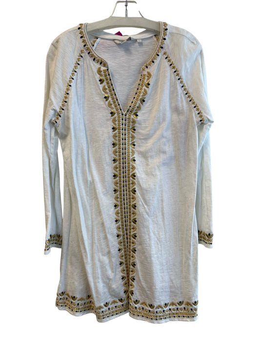Boden Size L White & Gold Cotton V Neck Long Sleeve Embroidered Dress White & Gold / L