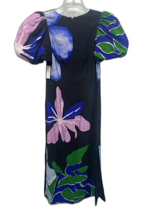 Anthropologie Size M Black, Blue, Green Viscose Blend V Neck Flowers Midi Dress Black, Blue, Green / M