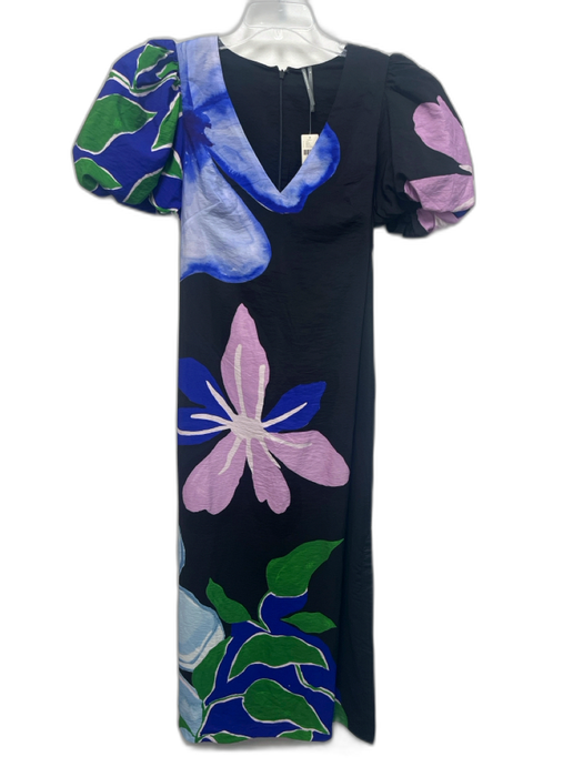 Anthropologie Size M Black, Blue, Green Viscose Blend V Neck Flowers Midi Dress Black, Blue, Green / M