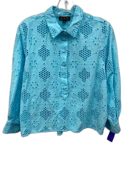 J. Crew Size M Aqua Blue Cotton Blend Eyelet Lace Floral Quarter Button Top Aqua Blue / M