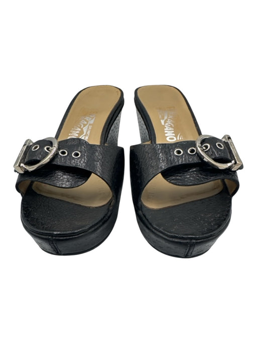 Salvatore Ferragamo Shoe Size 7.5 Black & Silver Pig Leather open toe Sandals Black & Silver / 7.5