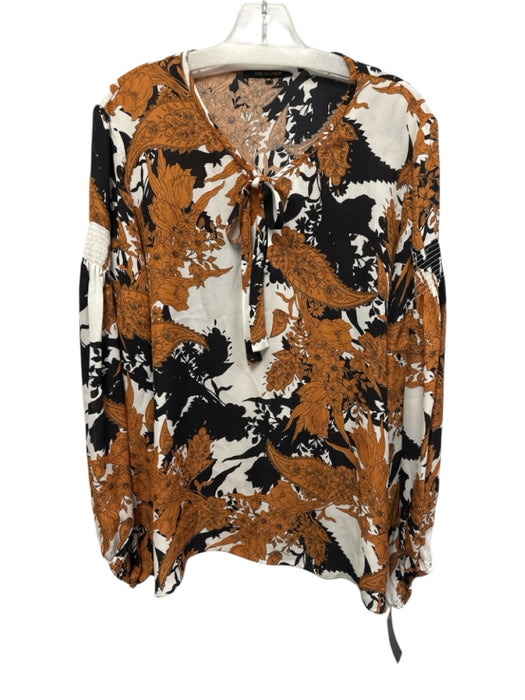 Kobi Halperin Size XXL Black, White, Orange Silk Long puff sleeve Split Neck Top Black, White, Orange / XXL