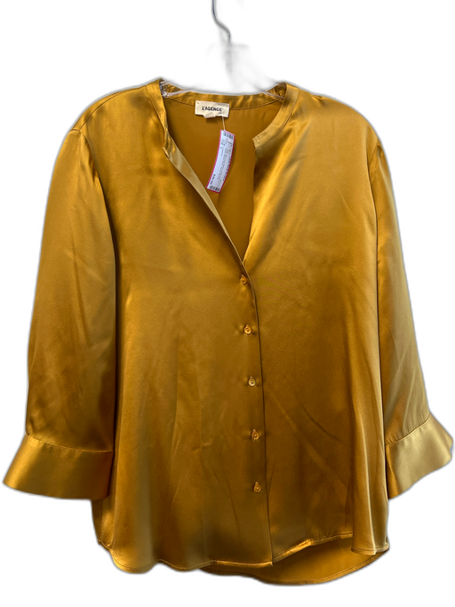 L'agence Size L Gold Silk Long Sleeve solid color V Neck Button Down Top Gold / L