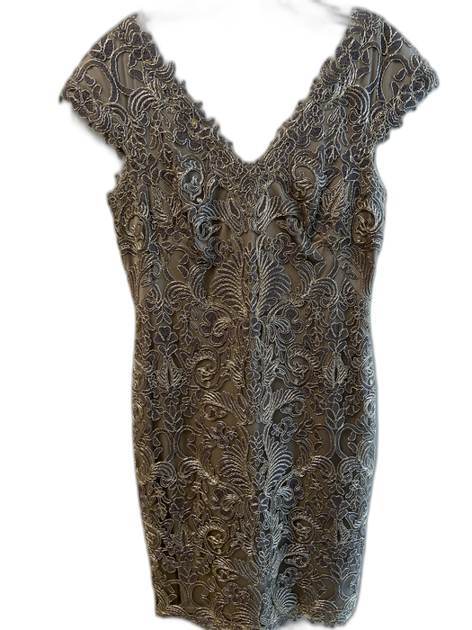 Tadashi Shoji Size 12 Champagne Rayon & Polyester Cap Sleeve Floral Detail Dress Champagne / 12