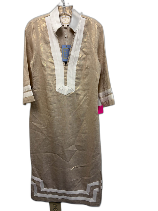 STS Sail to Sable Size XS Gold & White Linen Metallic 3/4 Sleeve Midi Dress Gold & White / XS
