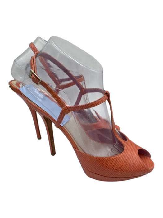 Dior Shoe Size 39 Peach Pink Leather Upper Lizard Embossed T Strap Sandals Peach Pink / 39