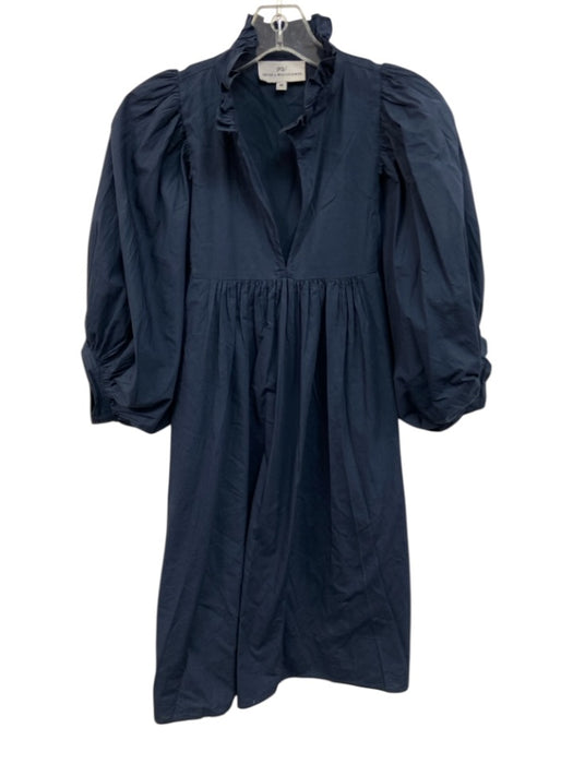 Never a Wallflower Size Medium Navy Blue Cotton Half Puff Sleeve V Neck Dress Navy Blue / Medium