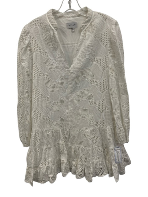 Milly Size 8 White Cotton Long Sleeve Floral Eyelet Split Neck Tiered Dress White / 8