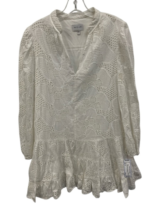 Milly Size 8 White Cotton Long Sleeve Floral Eyelet Split Neck Tiered Dress White / 8