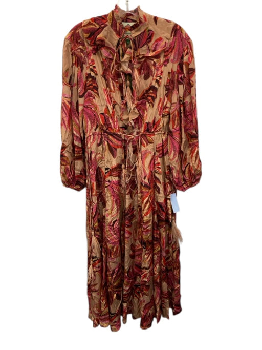Farm Rio Size XS Pink, Red, Brown Viscose Long Sleeve Floral Ruffles Dress Pink, Red, Brown / XS