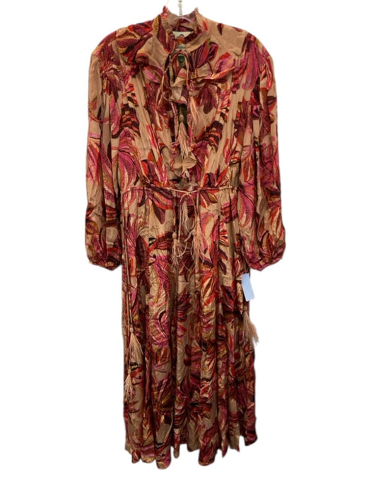 Farm Rio Size XS Pink, Red, Brown Viscose Long Sleeve Floral Ruffles Dress Pink, Red, Brown / XS