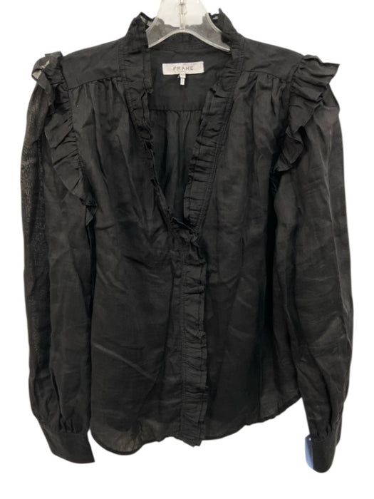 Frame Size Medium Black Linen Long Sleeve Ruffles Button Front Top Black / Medium