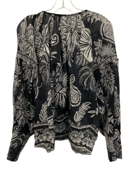 Farm Rio Size Small Black & White Long Sleeve Floral Quarter Button Sheer Top Black & White / Small