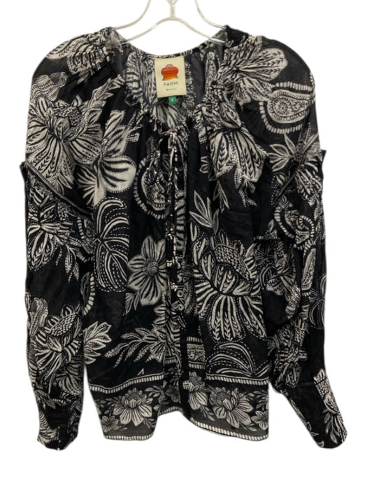 Farm Rio Size Small Black & White Long Sleeve Floral Quarter Button Sheer Top Black & White / Small