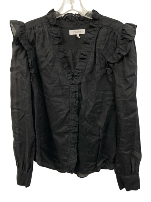 Frame Size Large Black Linen Long Sleeve Button Front Ruffles Top Black / Large