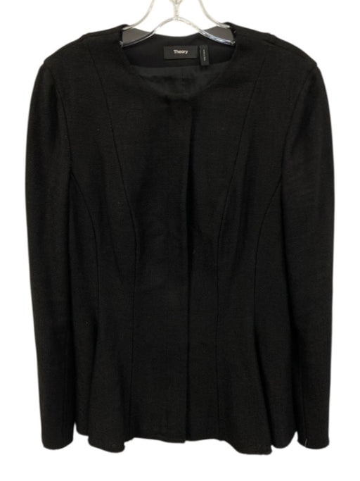 Theory Size 8 Black Viscose Blend Long Sleeve Tweed Zip Front Peplum Jacket Black / 8